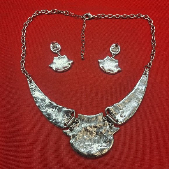 Oval Gangle Bib Collar Necklace Earrings Jewelry Set Boho Statement Metal Tribal - Picture 4 of 16